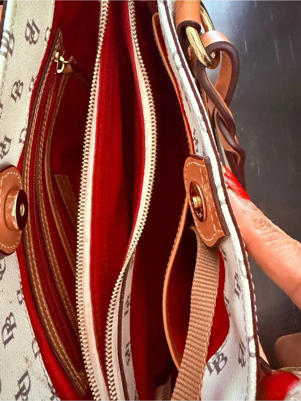 Dooney & Bourke White Logo Tote with Tan Leather Handles and Gold Plaque